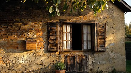 Poster - Rustic window on an aged stone wall