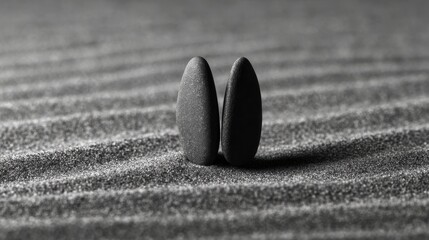 Poster - Two smooth stones standing upright on rippled sand, creating a minimalist and serene scene