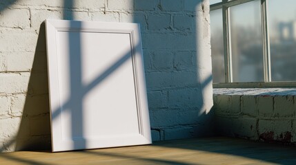 Poster - Empty white picture frame leaning against a sunlit brick wall, casting shadows on wooden floor