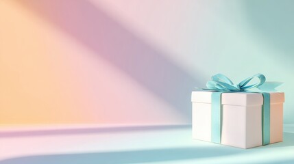 Poster - A beautifully wrapped gift box with a blue ribbon, casting soft shadows in a pastel-colored setting