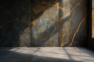 Poster - Luxurious Futuristic Interior with Dark and Golden Marble Textures and Geometric Light Patterns, Generative AI