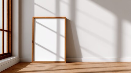Poster - Empty wooden frame leaning against a wall in a sunlit room with shadows cast by windows