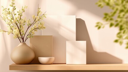 Poster - Minimalist interior scene featuring a vase with flowers and blank canvases on a wooden shelf