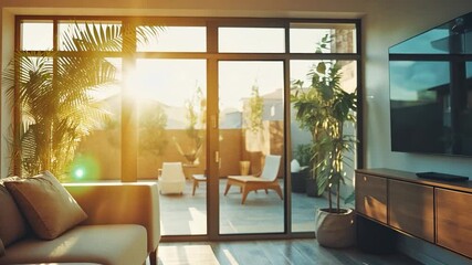 Poster - Sunlit living room interior with sofa and large windows