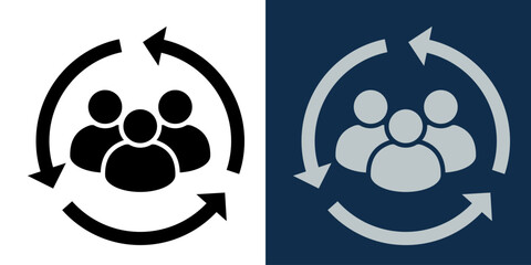 User group icon with circular arrows in black and blue. Teamwork, community cycle, management process, communication and network concept. Simple vector symbol in flat minimal design.