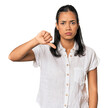 © Asier - Young Filipina woman showing a dislike gesture, thumbs down. Disagreement concept.