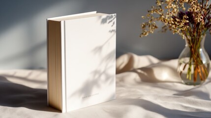 Poster - A minimalist white book resting on a soft surface with delicate shadows and dried flowers