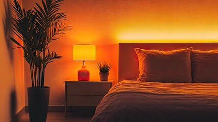 Poster - Warm-toned bedroom interior with bedside lamp and plants