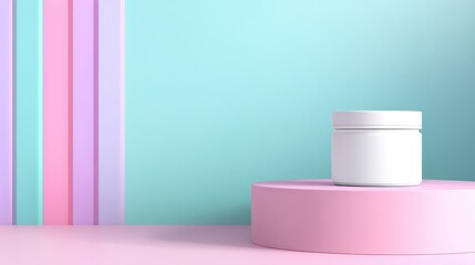 Poster - Minimalist display of a white jar on a pastel podium against a colorful background