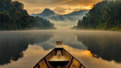 Poster - Wooden boat on a misty river at sunrise