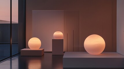 Poster - Creative display of spherical lights in a modern art gallery during sunset in a minimalist setting