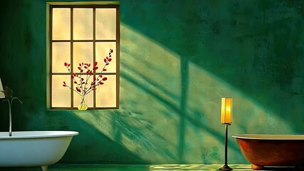 Poster - Sunlit Green Room with Bathtub and Window