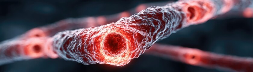 Poster - Hypertension danger from plaque formation and cardio scan concept. Close-up view of red neural cells in a digital format.
