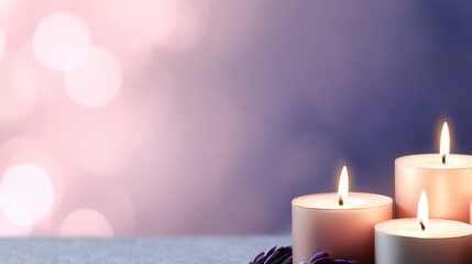 Poster - Three lit candles on a textured surface with a soft, blurred background of pastel colors