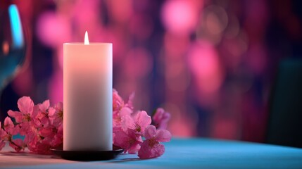Poster - Romantic candlelit dinner setting with pink flowers, soft background lighting, and elegant decor