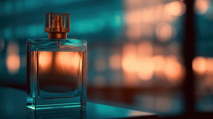 Poster - Elegant glass perfume bottle reflecting warm light against a blurred background of shelves