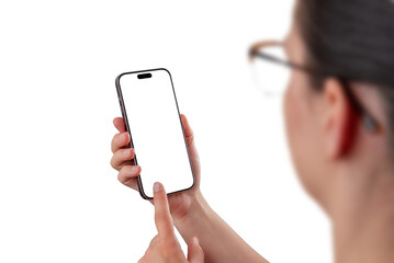 Aufkleber - Woman using smartphone with blank screen transparent, perfect for app interface mockups, user interaction concepts, or digital service promotion