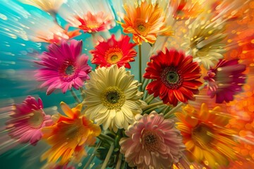 Poster - Vibrant gerbera daisies create a stunning floral display with dynamic motion blur and bokeh effect