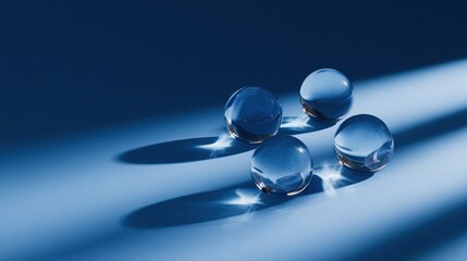 Poster - Four glass marbles reflecting light on a blue surface, creating artistic shadows