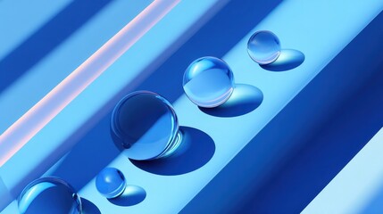 Poster - Abstract composition of glass spheres on blue stripes creating a serene visual effect