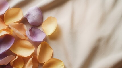 Poster - Soft pastel flower petals scattered on a smooth fabric surface, creating an elegant and serene ambiance