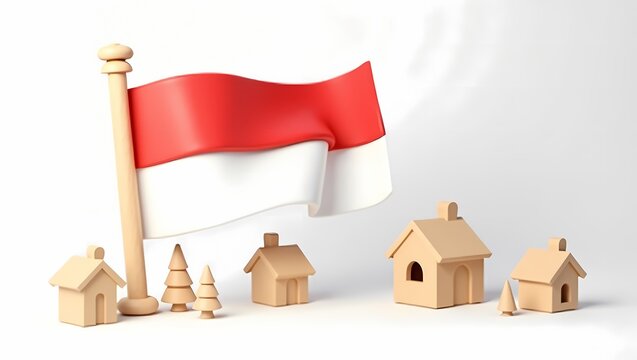 Indonesian Flag with Miniature Houses and Trees A 3D Rendered Image
