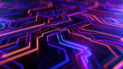 Fototapete - Abstract close-up of vibrant neon circuit patterns on a dark background, showcasing technology