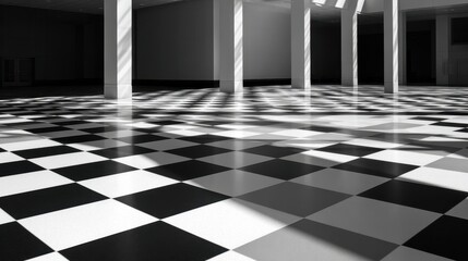 Poster - Black and white checkered floor in a spacious, empty hall with dramatic lighting patterns