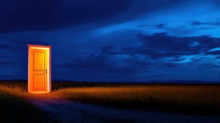 Wall Mural - a glowing orange door stands open in a serene landscape at dusk, inviting exploration and wonder