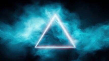 Poster - Neon triangle shape illuminated against a swirling blue smoke background, creating a mystical atmosphere