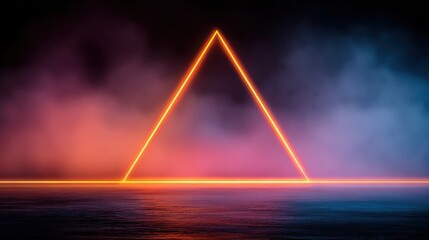 Poster - Vibrant neon triangle illuminated over a misty ocean at night, creating a surreal atmosphere