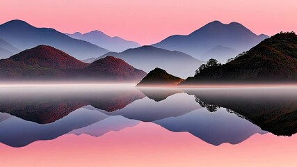 Poster - Mountain Reflection in Calm Water at Sunrise