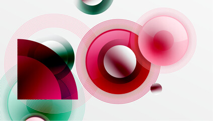 Aufkleber - Abstract composition featuring overlapping circles, lines. Red, pink, teal hues create dynamic visual effect. Modern design elements present.
