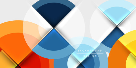 Poster - Abstract geometric design. Overlapping circles, squares create dynamic composition. Bright colors contrast dark background. Modern aesthetic.