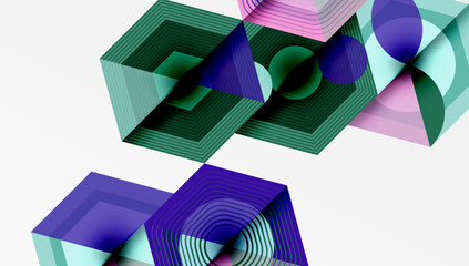 Aufkleber - Abstract geometric composition. Layered shapes create depth, using purple, green, pink hues. Minimalist design, clean lines, modern aesthetic.