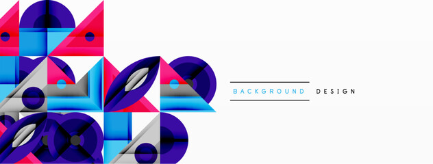 Fototapete - Abstract geometric shapes, vibrant blues, purples, whites create modern background design. Minimalist style, clean lines present dynamic composition.