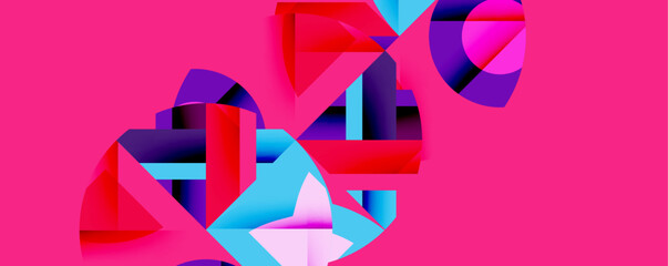 Poster - Abstract geometric shapes overlap, creating vibrant composition. Pink background emphasizes blue, purple, red forms. Modern design.