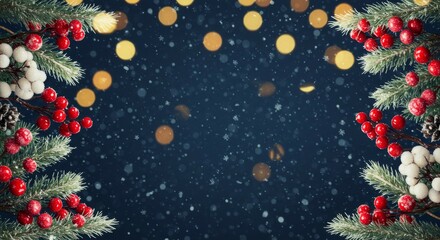 Poster - Festive Holiday Background with Pine Branches and Red Berries