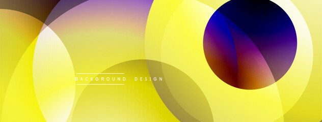 Poster - Abstract yellow background features overlapping circles, gradients. Modern design elements create dynamic visual texture. Bright, vibrant colors dominate composition.