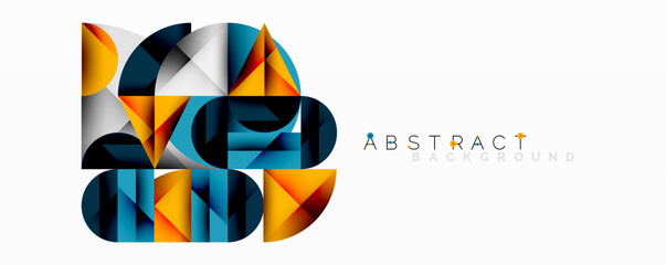 Poster - Geometric shapes overlap, creating vibrant abstract composition. Blue, orange, gray tones dominate design. Minimalist style.