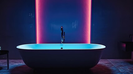 Aufkleber - Modern bathroom with neon lighting and a freestanding tub.