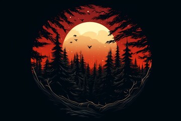 Wall Mural - Coniferous forest at sunset with large moon and birds flying