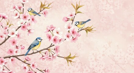 Poster - Birds on Cherry Blossom Branch Springtime Background