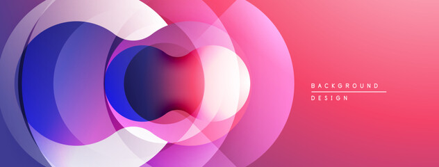 Poster - Abstract design features overlapping circles, gradients. Colors transition from blue to pink, creating dynamic visual effect. Modern, minimalist style.
