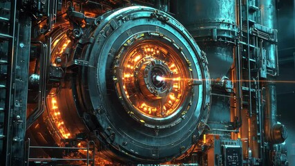 Poster - Advanced machinery illuminated in Versio showcases intricate design and technology, Advanced Machinery Uncovered And Lights Up