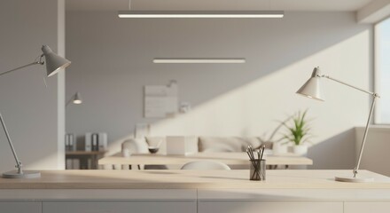 Poster - Desk with Lamps in Bright Office Setting Interior Design