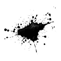 Poster - Dynamic dark ink splash with white outline and small droplets isolated on transparent background