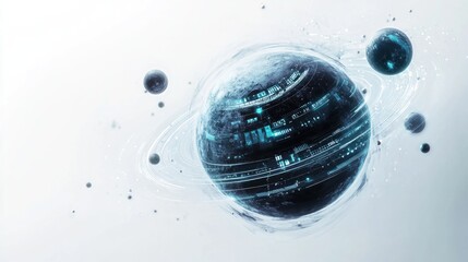Poster - Futuristic rendering of a tech-infused planet with orbiting satellites and energy rings
