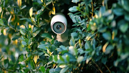 Aufkleber - Close up view of a yard surveillance camera hidden among lush green bushes, Yard surveillance camera in the bushes close up