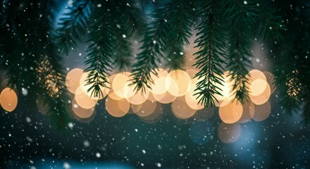 Poster - Falling Snow with Bokeh Lights and Evergreen Branches